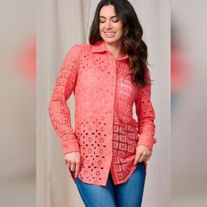 Blue Velvet Eyelet Button-Down  Blouse Coral SZ L